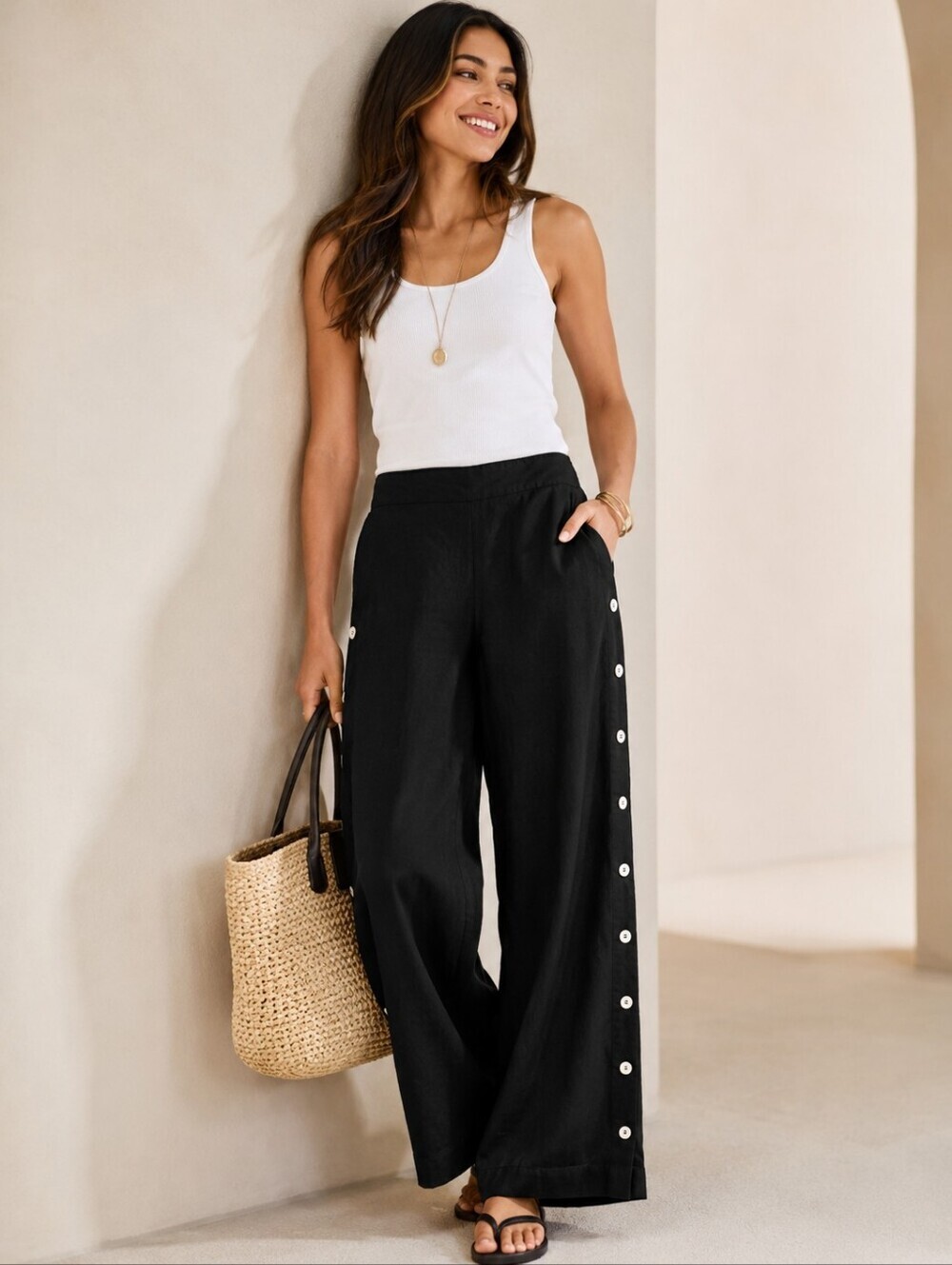 Soft Surroundings Sonoma Black Linen Blend Side Button Wide Leg Pull-On Pants L